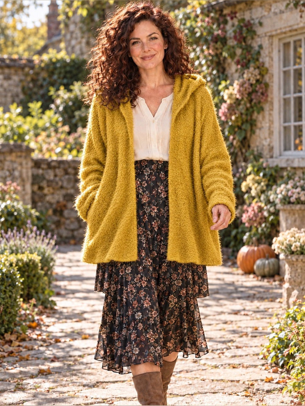 Perfect Peach Mustard Gold Fuzzy Hooded Cardigan XL | Cottagecore Boho